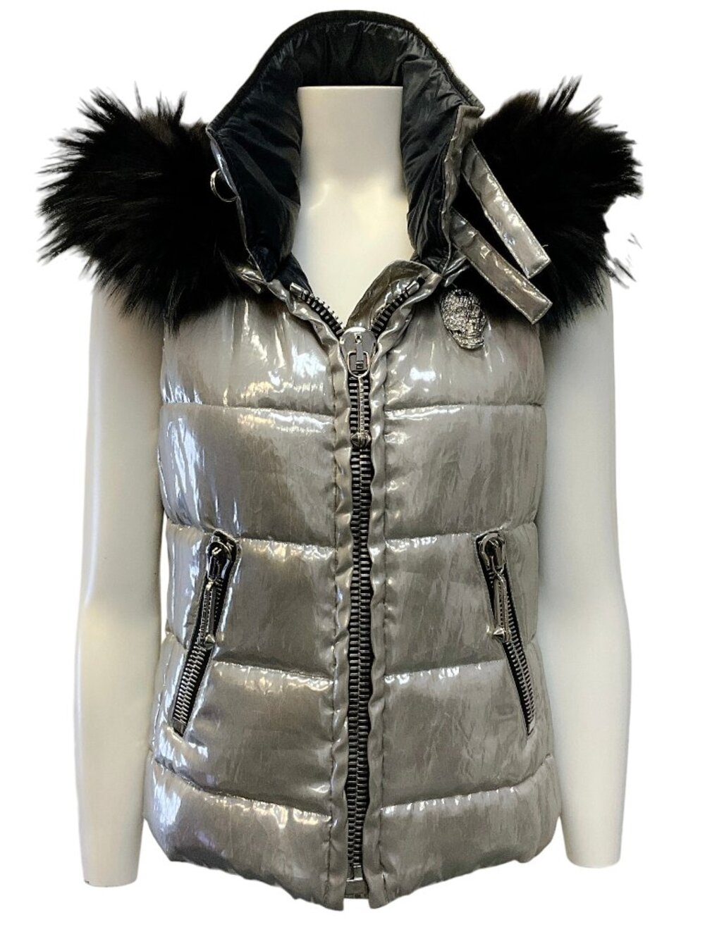 Philipp Plein Silver Puffer Vest with Black Fox Trimmed Removable Hood